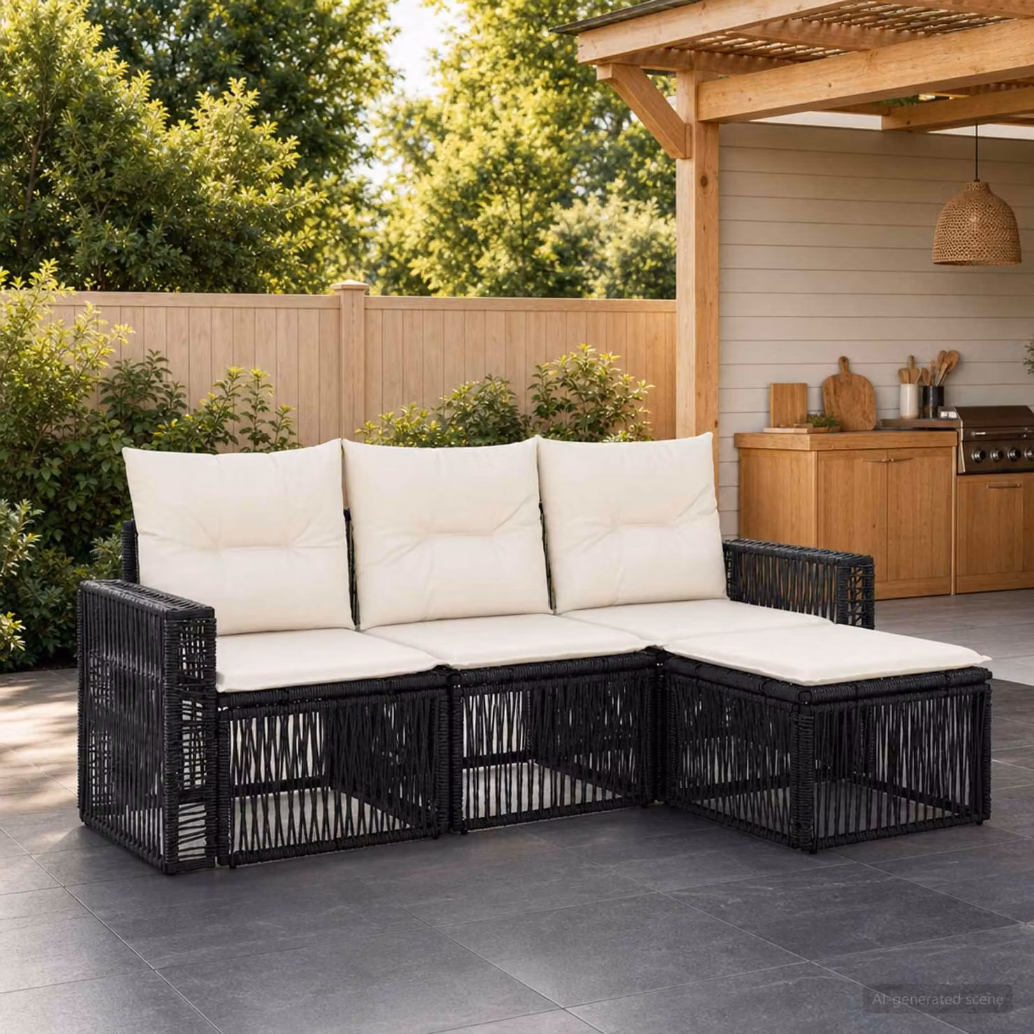 Set Divano da Giardino a L vidaXL 4 pz con Pouf, Nero e Bianco, Struttura in Metallo e Polyrattan con Cuscini Imbottiti e Rivestimenti Rimovibili