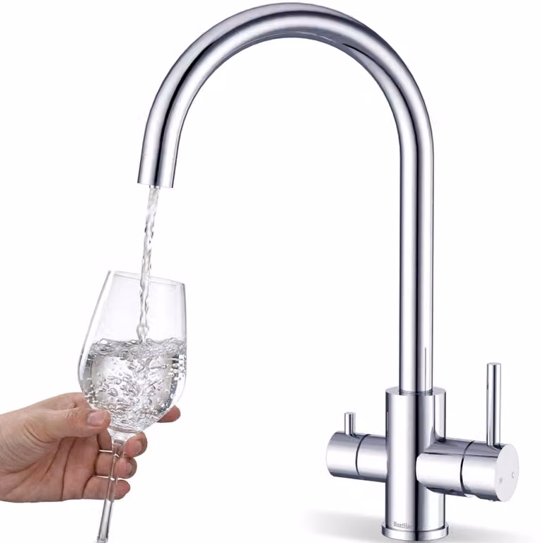 Miscelatore da cucina a tre vie, 3-in-1, cromato, girevole a 360°, con 2 manopole