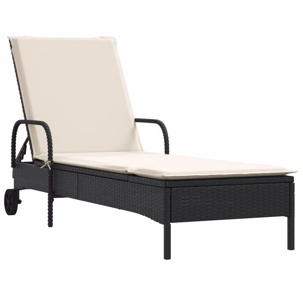 Lettino Prendisole con Ruote e Cuscino in Polyrattan Nero