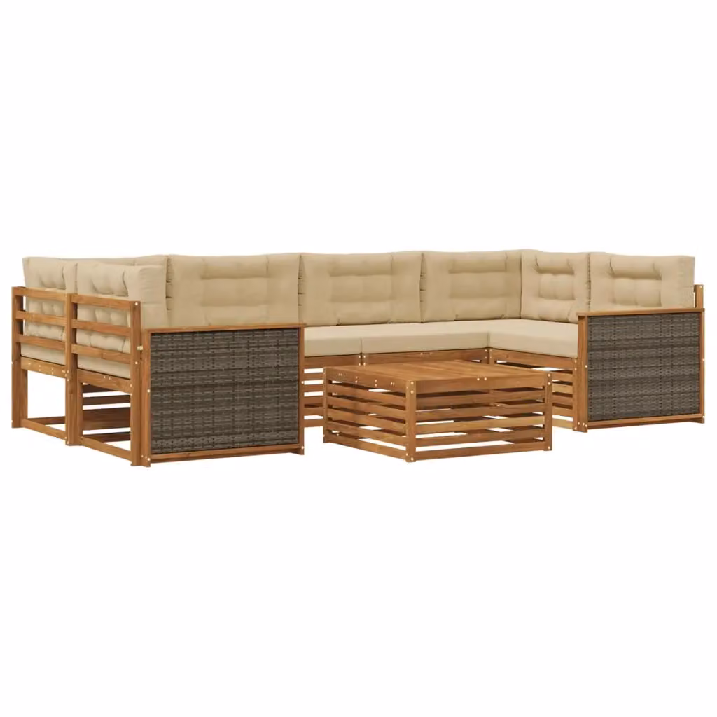 Set di divani da esterno vidaXL a forma di L composto da 7 pezzi con tavolino da caffè, in legno di acacia trattato e tessuto beige e sabbia – 2