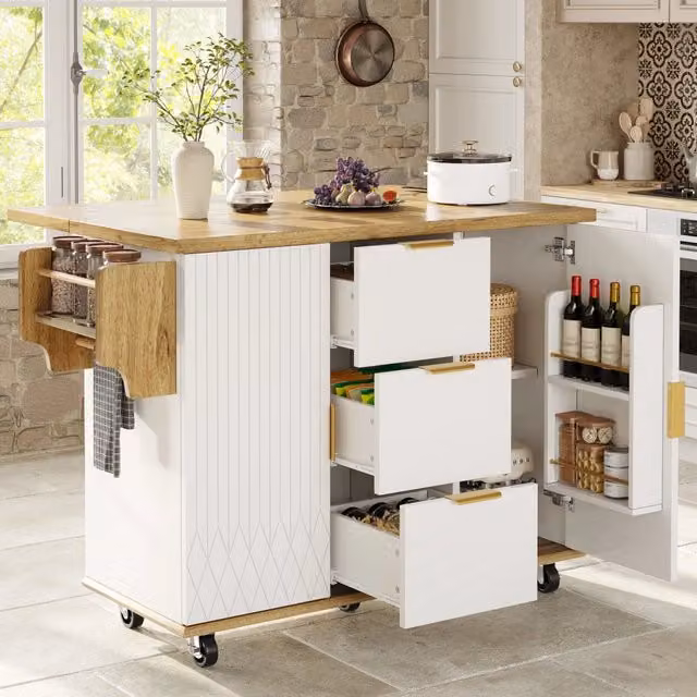Carrello da Cucina con Piano Pieghevole e Presa Elettrica ¨C MINIMAL ¨C Bianco effetto legno, con Ruote, 70kg