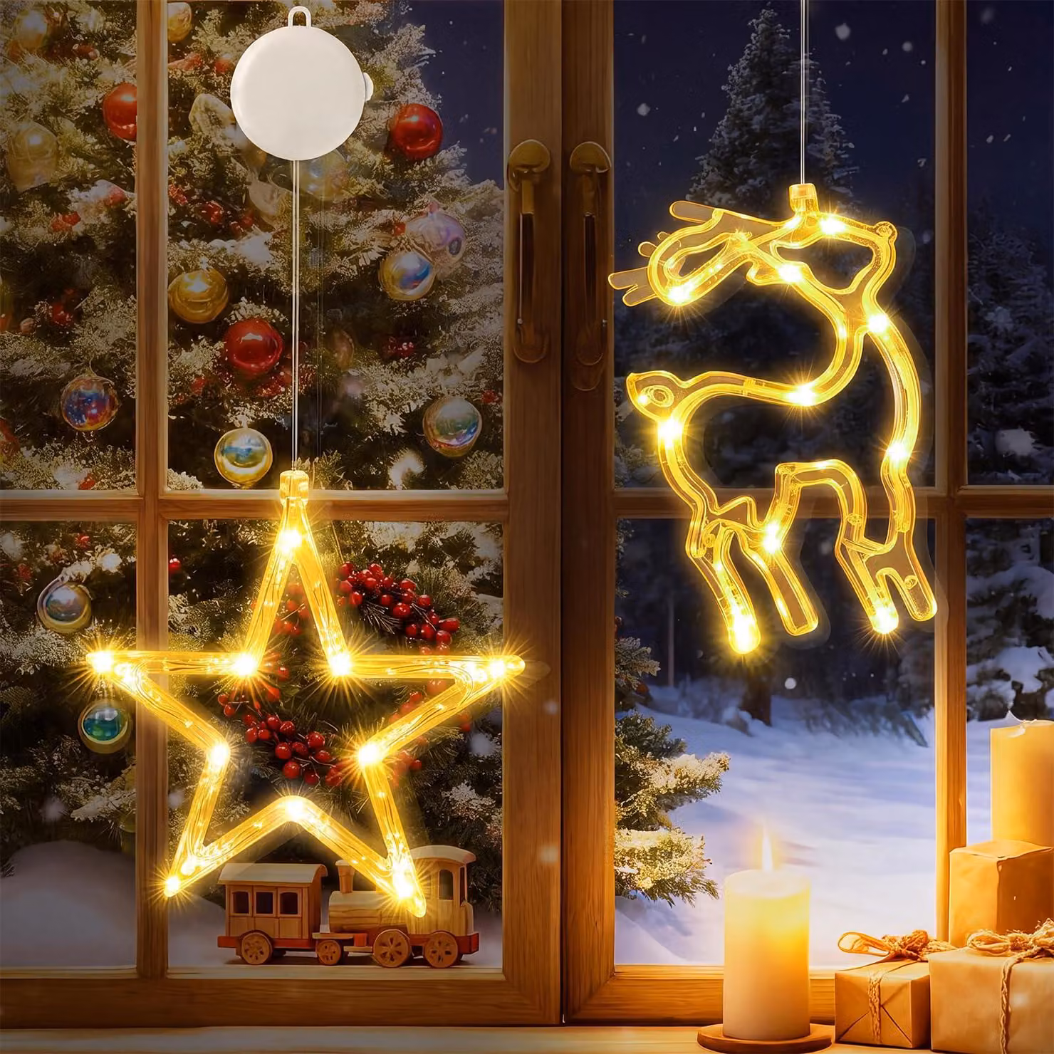Finestre luminose a tema natalizio, 2 pezzi, in plastica, luce calda
