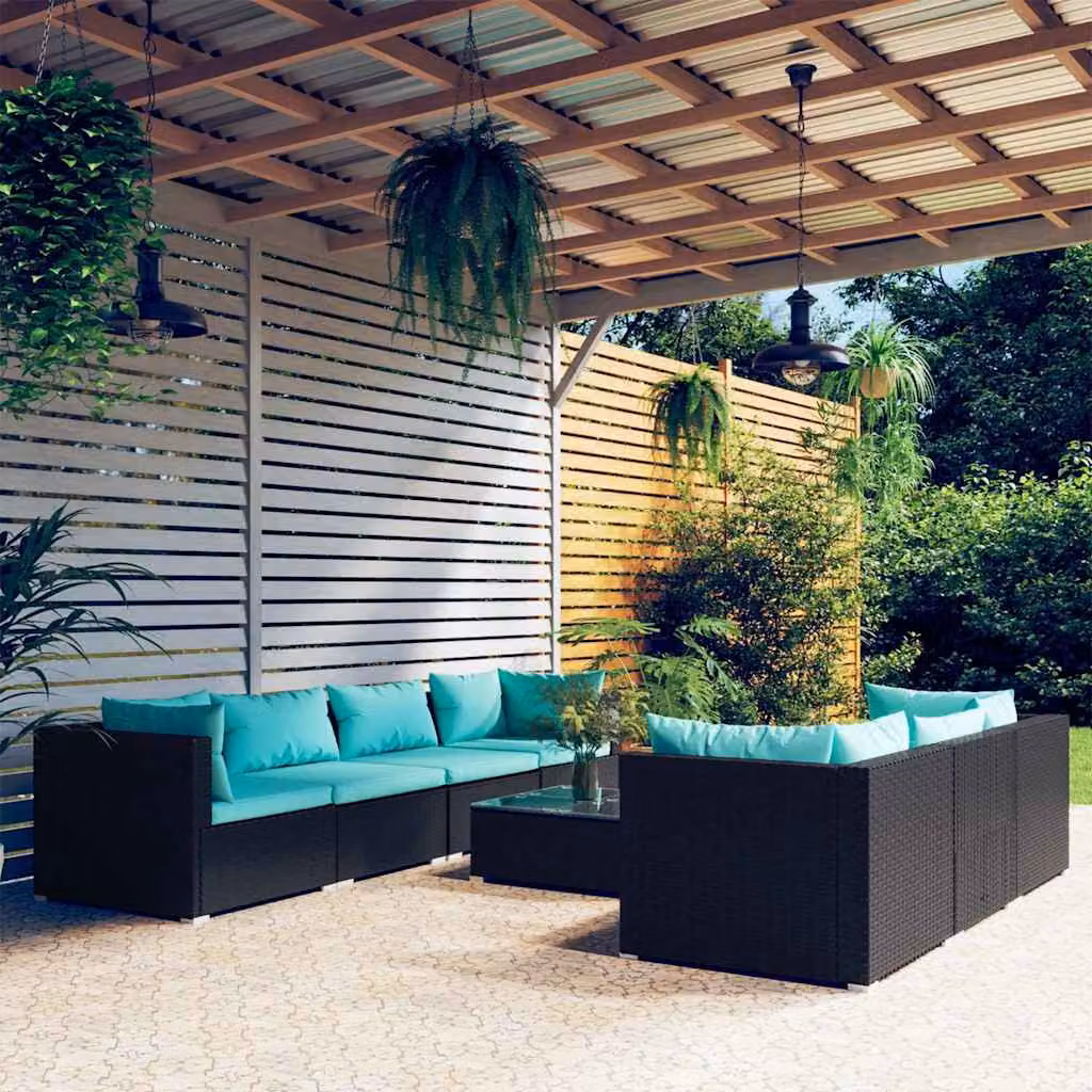 Set Mobili da Giardino vidaXL in Polyrattan Nero con Cuscini Turchesi e Tavolino da Caffè