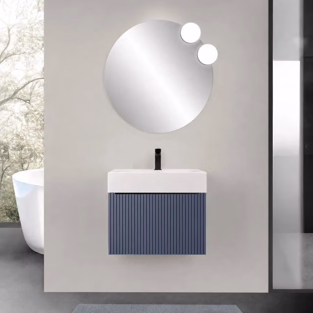 Mobile bagno sospeso 80 cm blu notte con un cassetto e lavabo alto in resina Nara