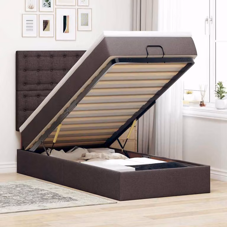 Letto con Pouf e Materasso vidaXL in Tessuto con Base a Sollevamento, Illuminazione Sotto il Letto e Porta USB, L/P/H: 193 x 90 x 128 cm
