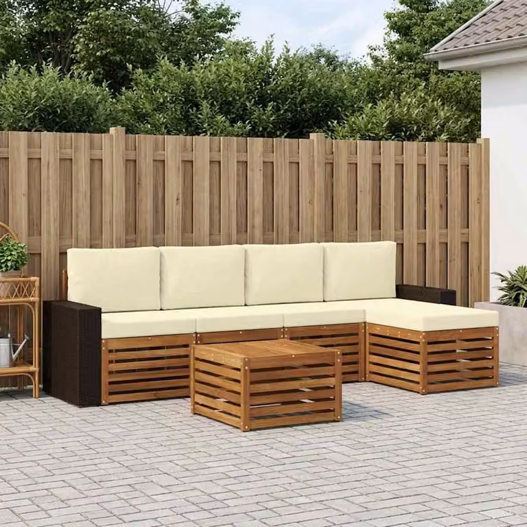 Set di divani da esterno vidaXL a forma di L in legno di acacia con cuscini e tavolino, 6 pezzi, Naturale e Crema