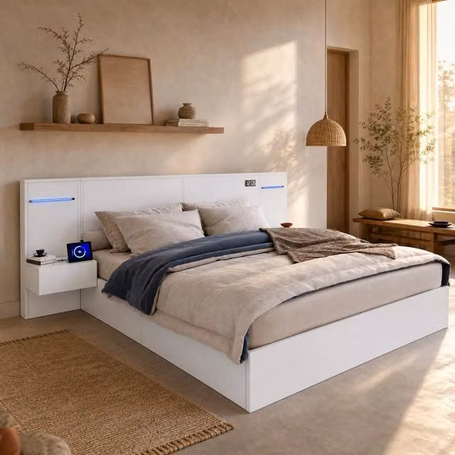 Letto matrimoniale 160 × 200 cm con rete a doghe MDF bianco USB Bluetooth altoparlanti luce regolabile