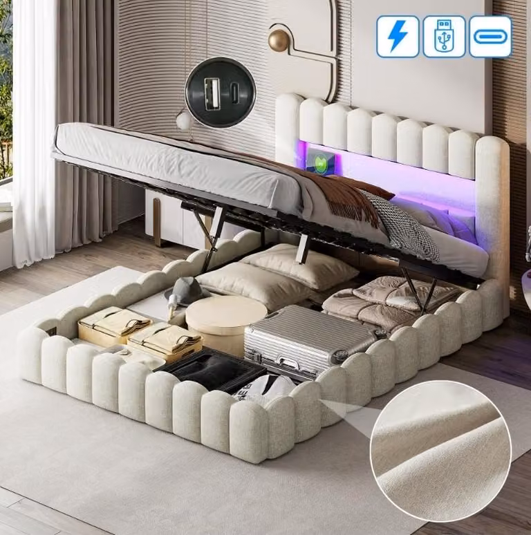 Letto imbottito CDGlobal 140x200cm, letto matrimoniale con vano contenitore e rete a doghe, testata con illuminazione a LED, funzione di ricarica USB e vano contenitore, spalliera idraulica del letto Beige