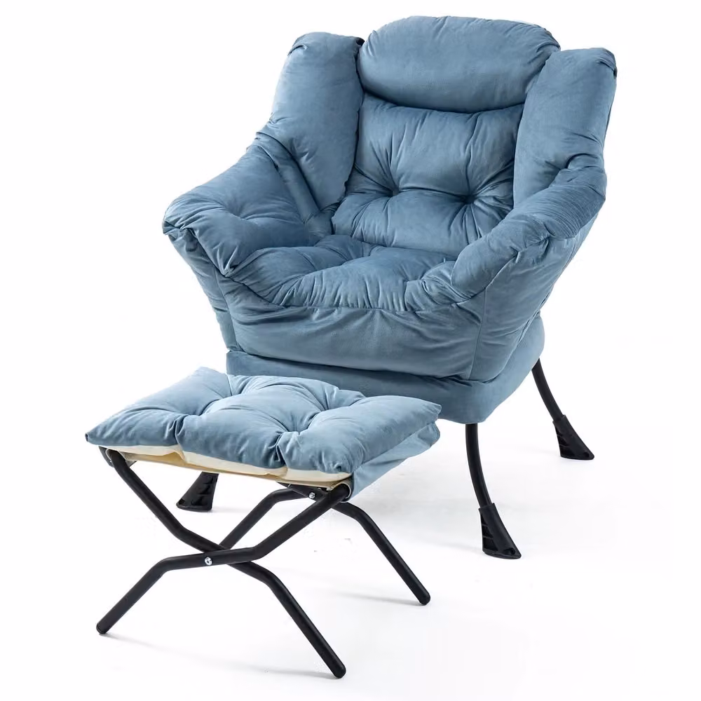 Poltrona Relax Minimal con Poggiapiedi Pieghevole e Taschino Laterale in Tessuto Blu – 2