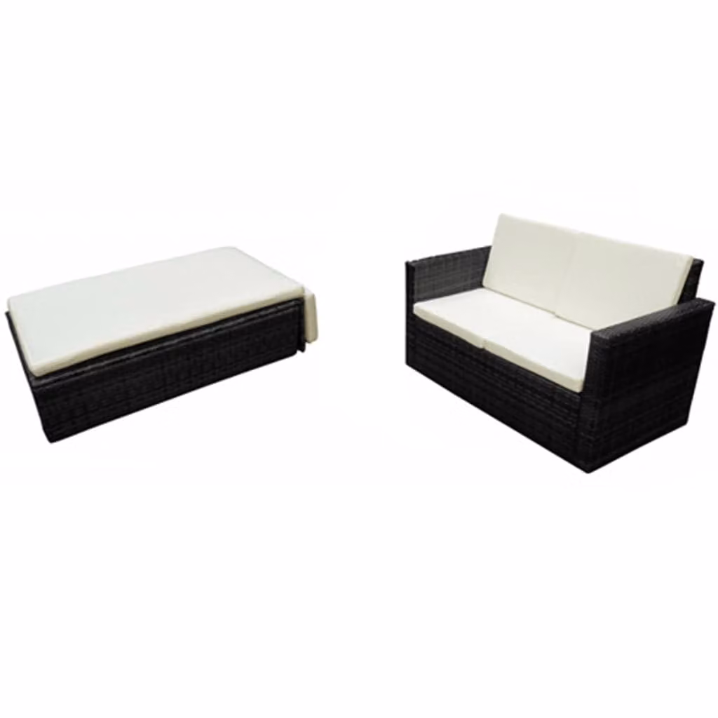 set 2 pezzi da giardino con cuscini in poly rattan nero