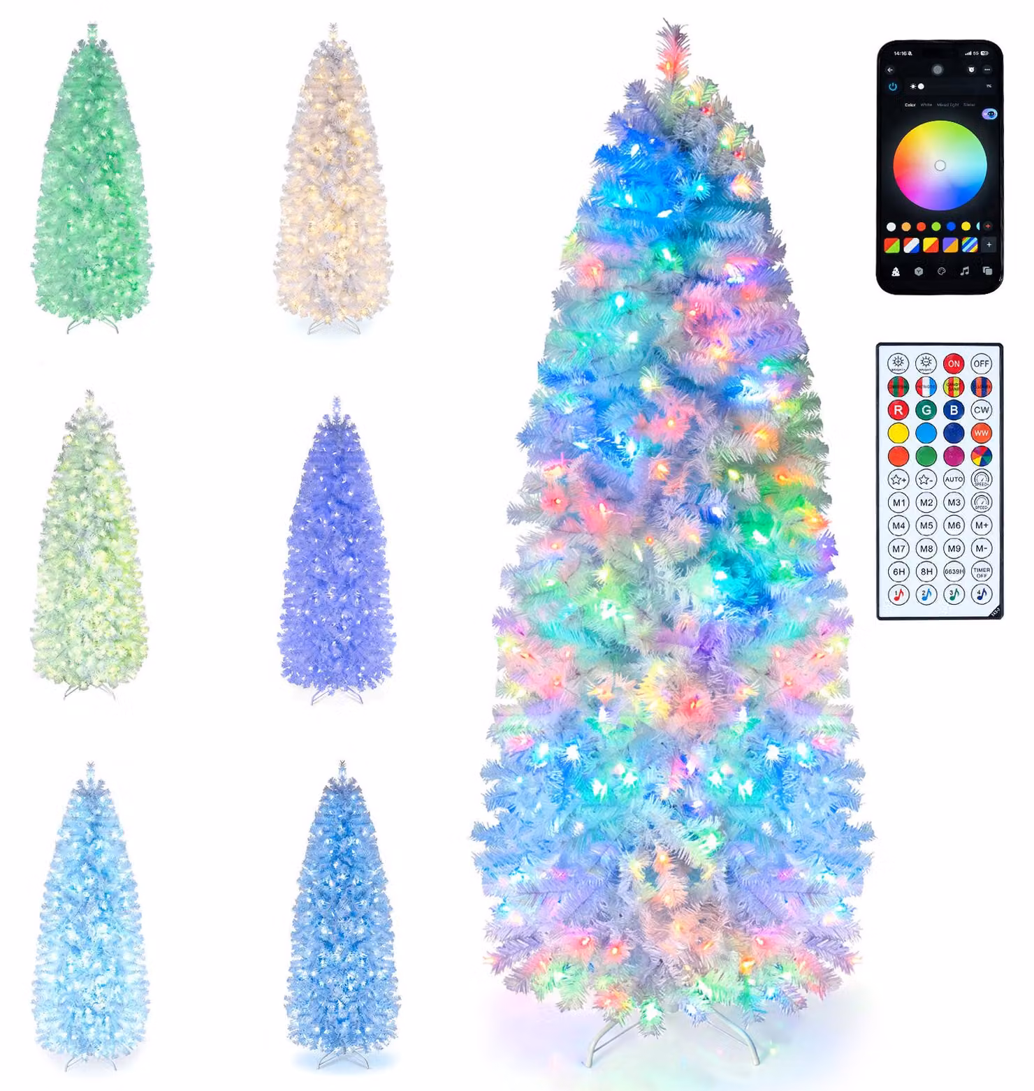 Albero di Natale artificiale COSTWAY, altezza 190 cm, forma slanciata, con 734 punte in PVC, luci LED (270), supporto in metallo e sistema pieghevole, colore bianco