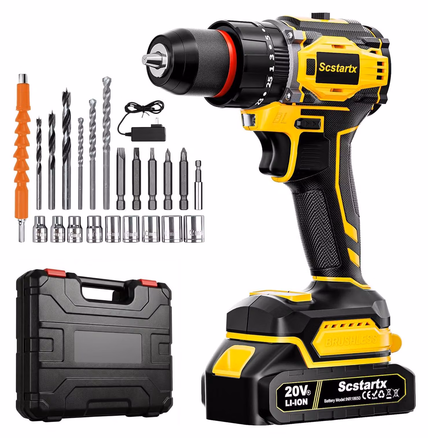 Kit di utensili con trapano avvitatore a batteria senza spazzole, da 20 V, composto da 24 pezzi