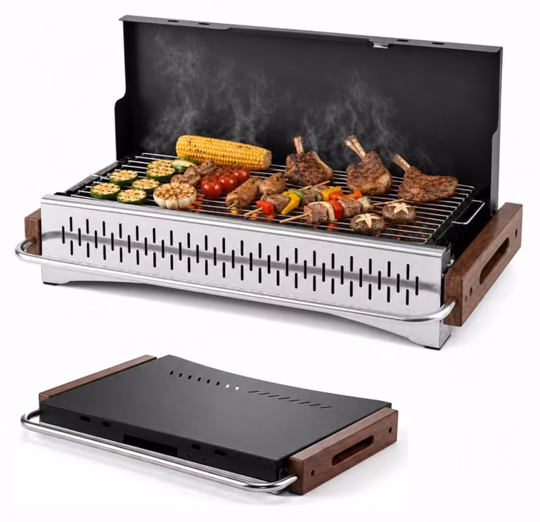 Griglia a carbone portatile e pieghevole KOMFOTTEU, con griglia regolabile in due altezze, maniglie in legno, chiusura magnetica, ideale per barbecue e campeggio