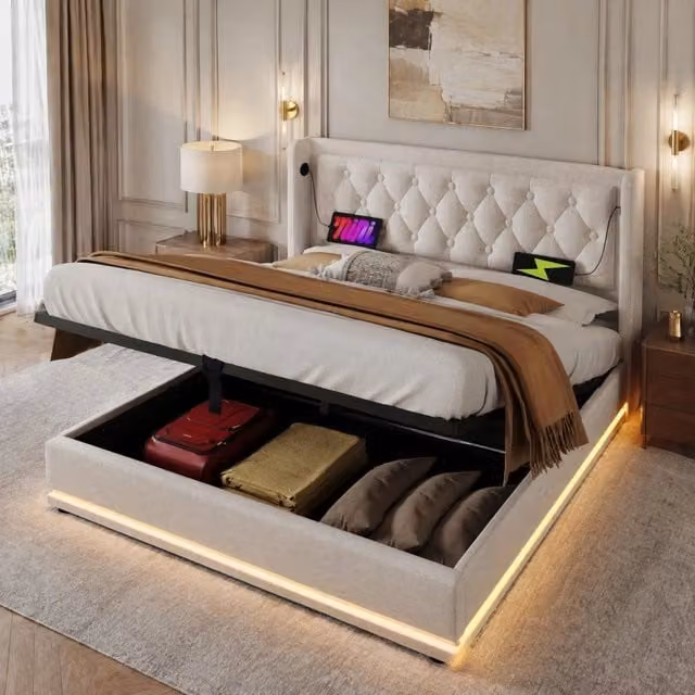 Letto matrimoniale contenitore 160 × 200 cm in cotone beige con testiera imbottita USB tipo C e LED
