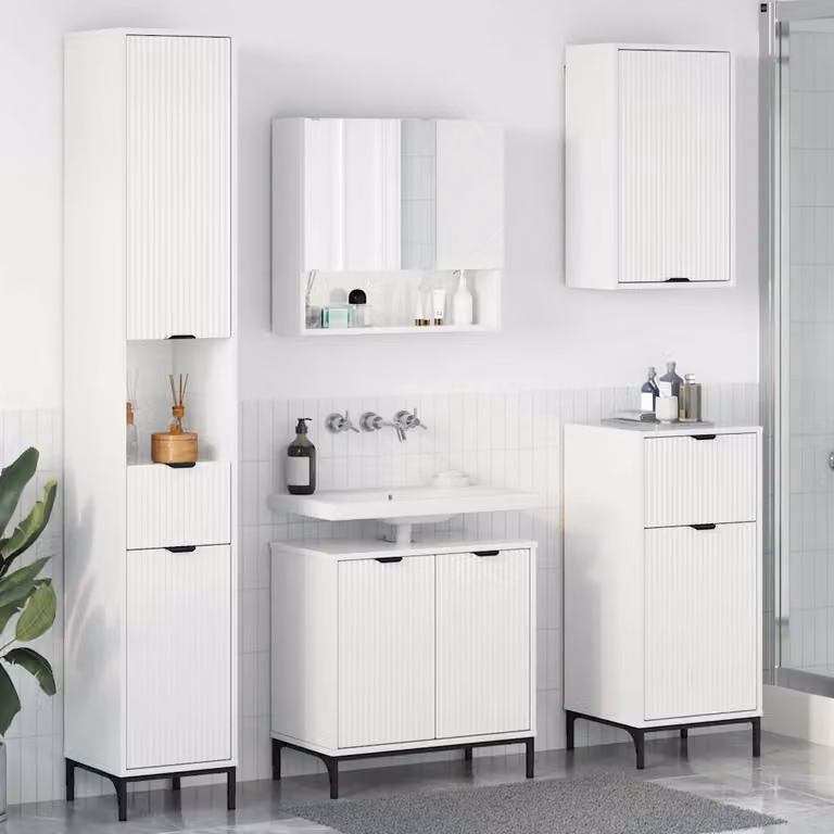 Set di mobili da bagno moderni vidaXL in bianco lucido con mobile lavabo, pensile e colonna alta