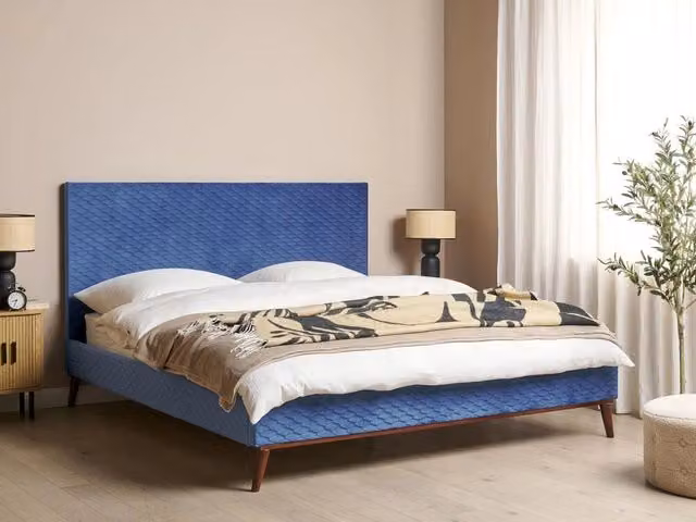 Letto imbottito Beliani in velluto blu con struttura in legno di pino e cassetti, stile classico, L/P/H: 180 x 200 x 121 cm – 1