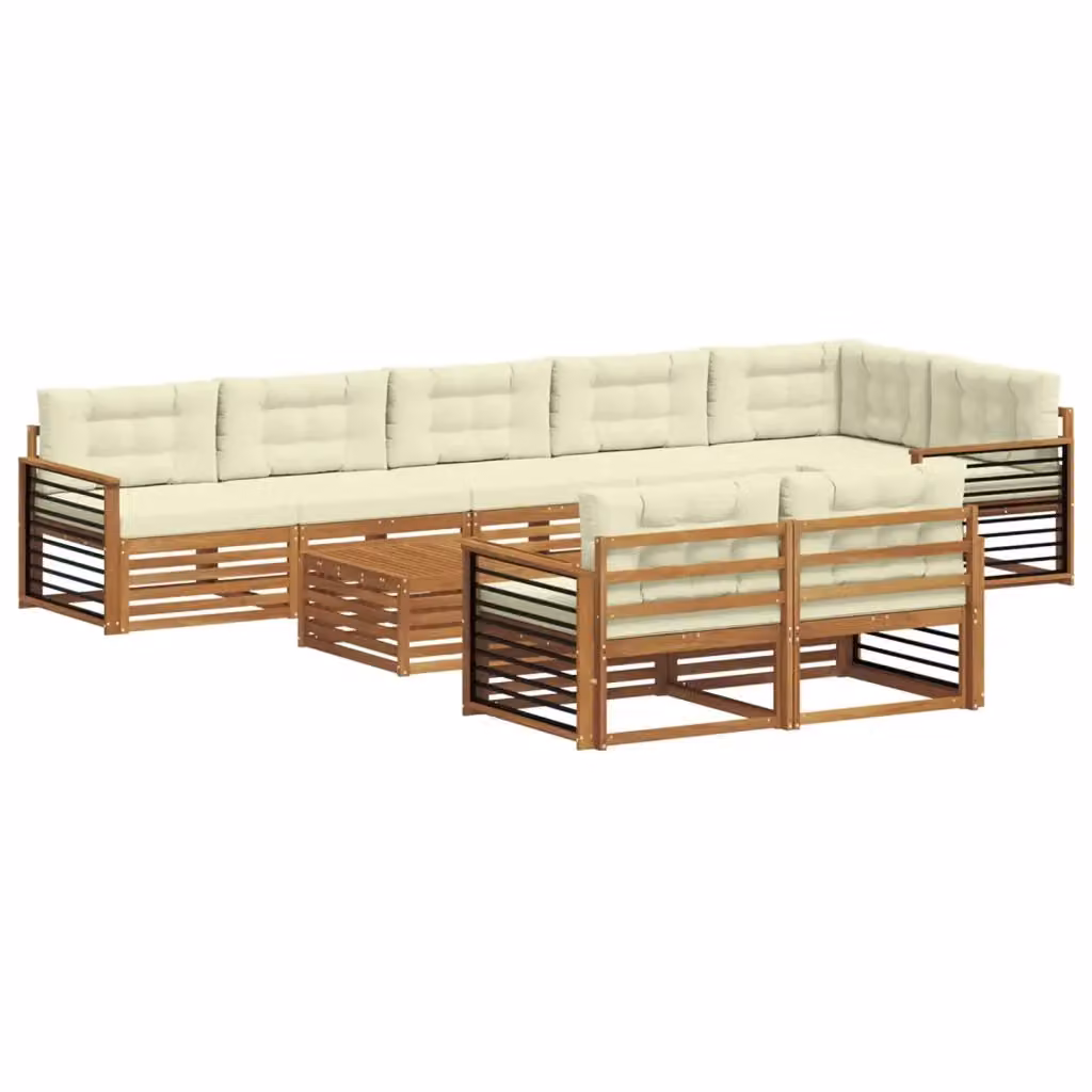 Set di divani da esterno moderno vidaXL in legno di acacia con cuscini beige e bianco, composto da 9 pezzi con tavolino da giardino e configurazione a L – 2