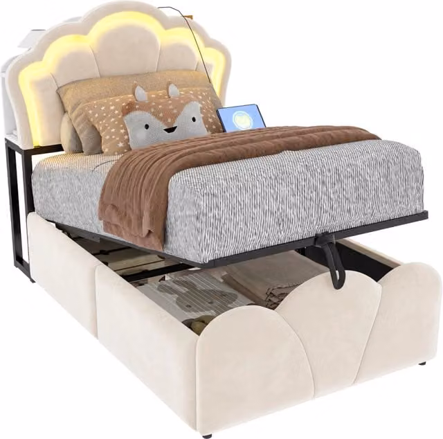 Letto singolo imbottito 90x200 cm con contenitore idraulico; LED e prese; velluto beige
