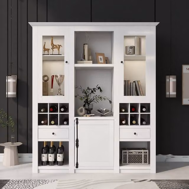 Vetrina Moderna Aosom con Illuminazione LED Multicolore, Porte in Vetro e Spazio Vino, Colore Bianco, L: 143 cm, P: 45,5 cm, H: 170 cm – 1