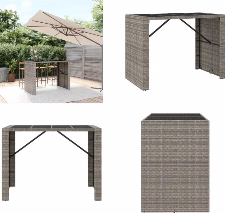 vidaXL Tavolo da bar con piano in vetro grigio 145x80x110 cm Poly Rattan - Tavolo da bar con piano in vetro - Tavoli da bar con piano in vetro - Tavolo da festa - Tavolo da bistrot