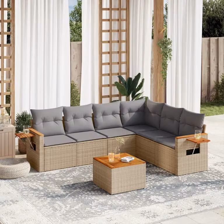 vidaXL Set Divani da Giardino 7 pz in Polyrattan con Cuscini Beige e Tavolino da Esterno