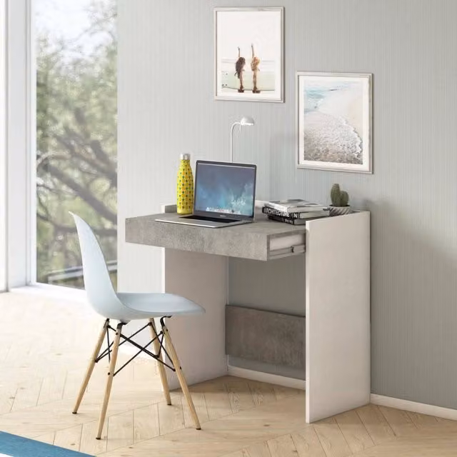 Scrivania Adri DMORA moderna con cassetto per ufficio o studio, Bianco e Cemento, L: 80 cm, P: 40 cm, H: 79 cm – 1