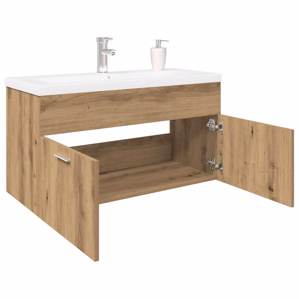 Mobile bagno con lavabo integrato vidaXL in rovere e bianco con ante e cassetti, sospeso, L: 90 cm, H: 46 cm, P: 38,5 cm