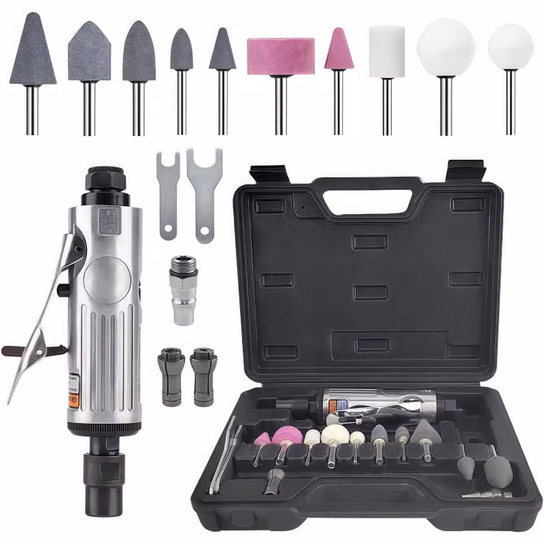 Smerigliatrice pneumatica - Mini smerigliatrice rotativa - Set con mole - Punta da 3 mm e 6 mm - Leggera - Utilizzabile con una mano