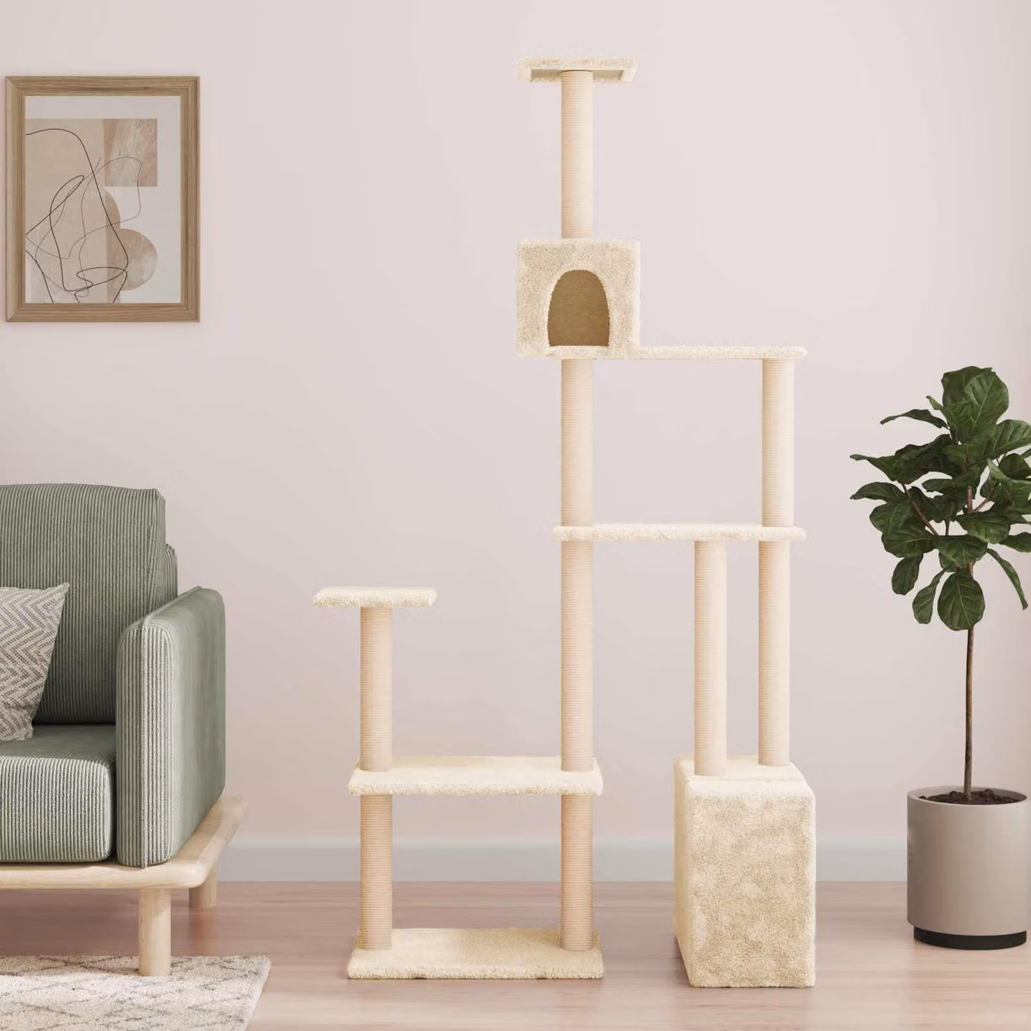 Albero per gatti vidaXL con pali in sisal sostituibili, colore beige, Altezza: 177,5 cm
