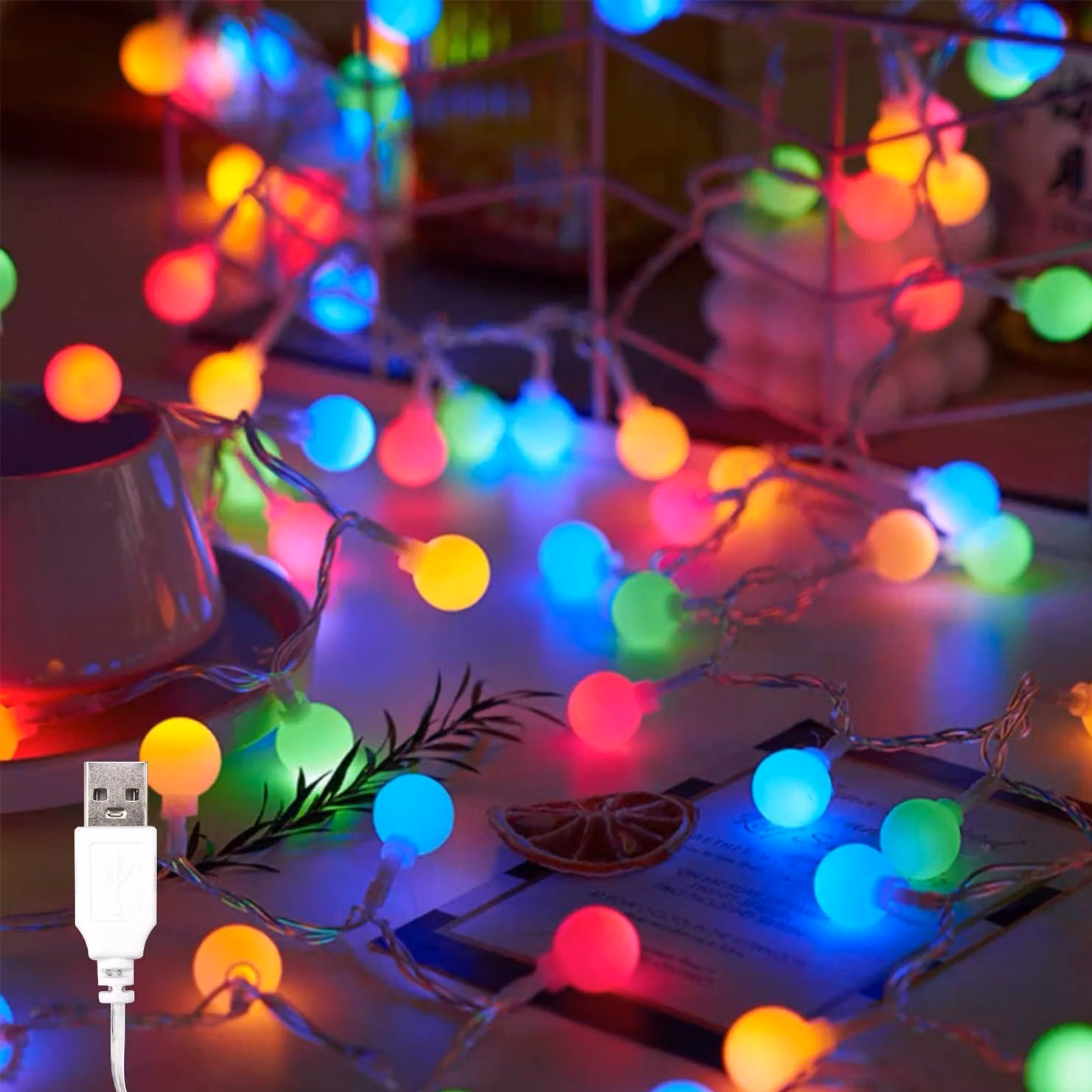 Catena luminosa a LED, 10 metri, 80 sfere colorate, luce continua