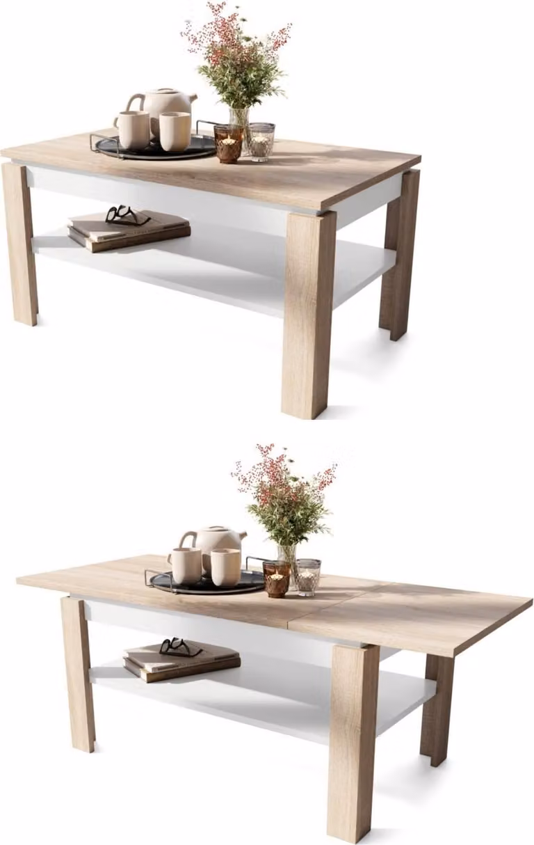 Tavolino All4All Asti, modello R, tavolino da soggiorno, tavolino da caffè, tavolino con spazio contenitivo, tavolino per divano con ripiano, estendibile fino a 140 cm, dimensioni 100x60 cm, finitura rovere Sonoma e bianco