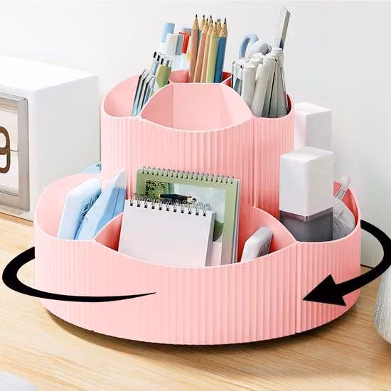 Portapenne girevole, organizer da scrivania a 360°, 11 scomparti, rosa, grande