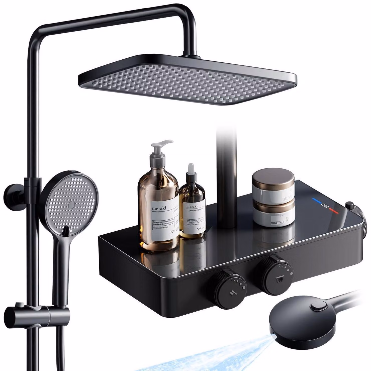Sistema doccia con termostato e ripiano, colore nero opaco, dimensioni 30x20 cm, soffione a pioggia