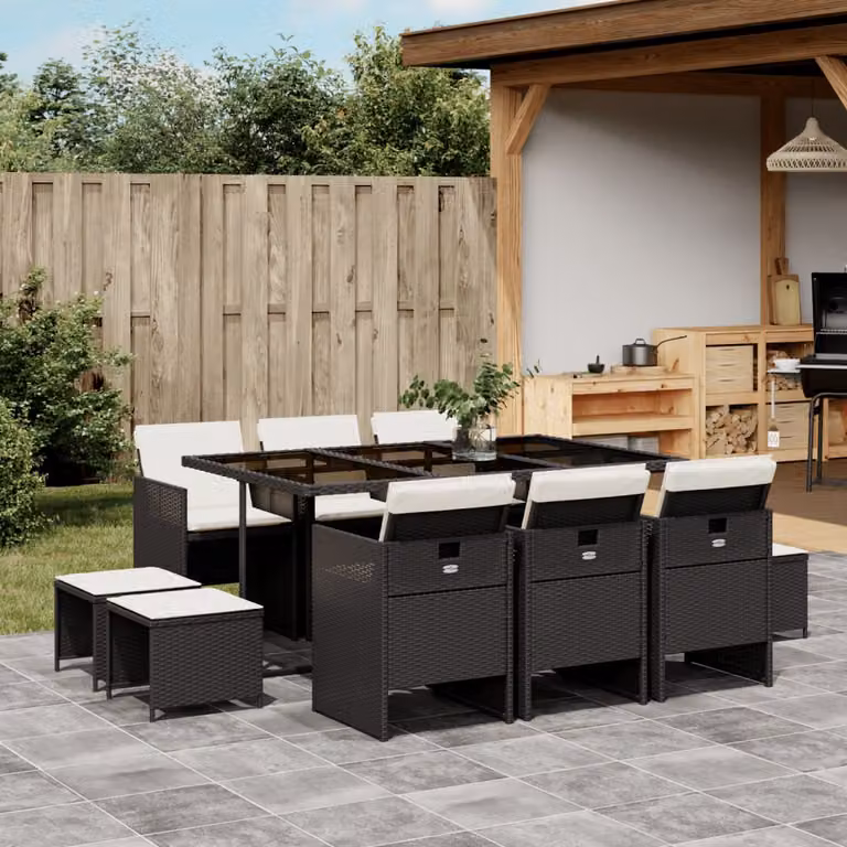 vidaXL Set da Pranzo da Giardino 11 pz in Polyrattan con Piano in Vetro e Cuscini Nero