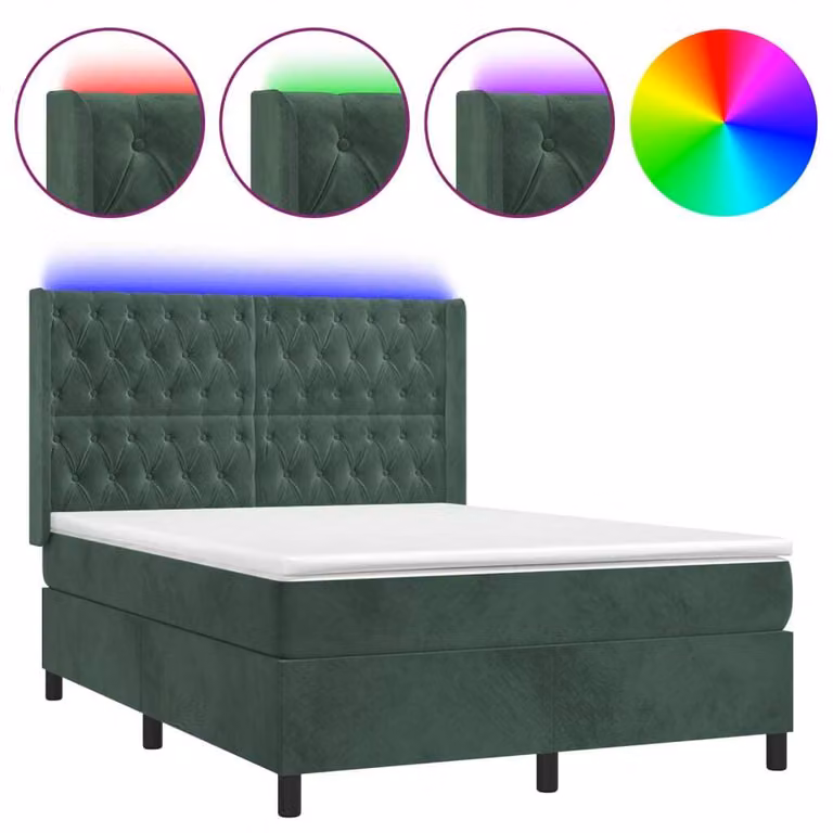 Letto a Molle con Materasso e LED Verde Scuro 140x200cm Velluto