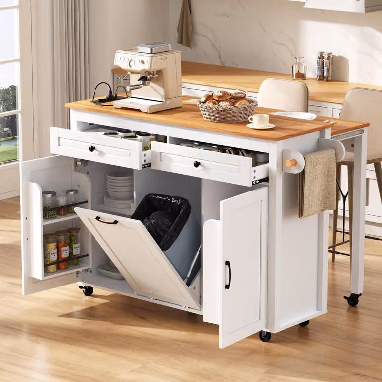 Isola da cucina su ruote, estendibile, con vano per contenitori dell'immondizia, prese elettriche, cassetto, ripiano per spezie, 3 ante, dimensioni 120x75x92 cm, colore bianco