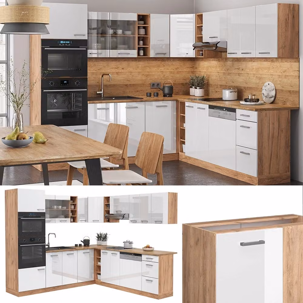 Cucina angolare completa Vicco R-Line Bianco lucido e Rovere dorato, L/P: 247 x 237 cm – 2