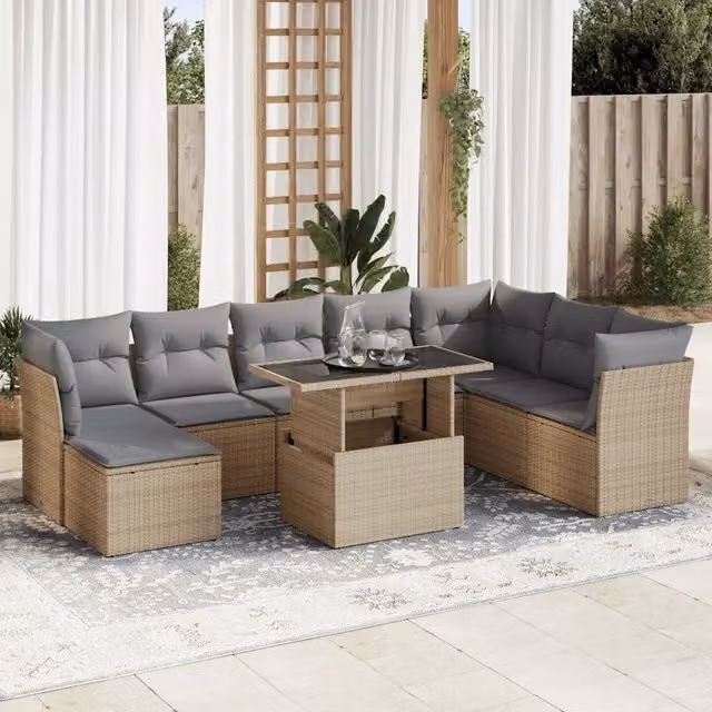 Set Divano da Giardino Moderno vidaXL in Polyrattan con Cuscini Beige e Grigio e Tavolino da Caffè in Vetro