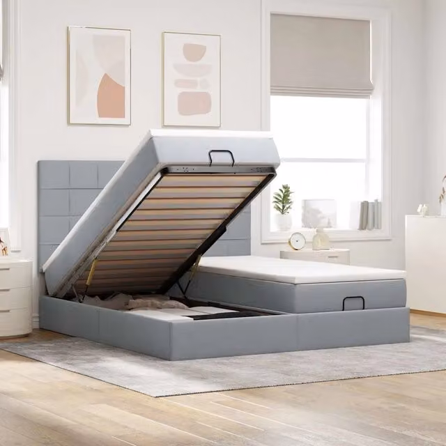 Letto con contenitore a sollevamento vidaXL in tessuto grigio e bianco con materasso L: 180 cm, P: 200 cm, H: 203 cm