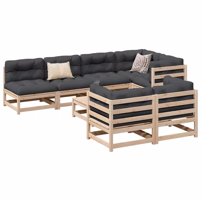Set di divani da giardino vidaXL in legno di pino massello 8 pezzi con cuscini inclusi, colore marrone e grigio, design a forma di L con elementi angolari, divano a 3 posti e pouf
