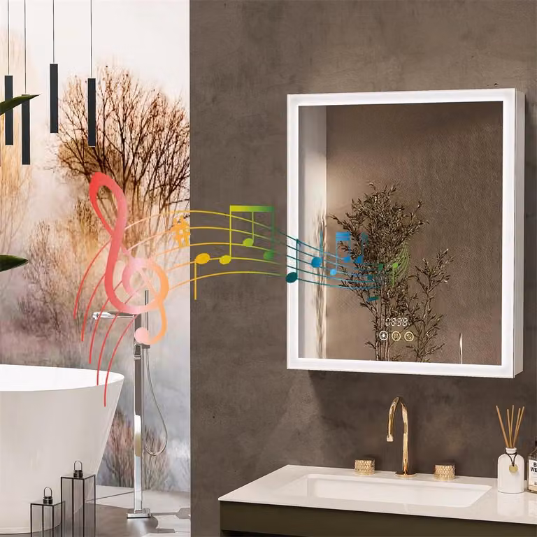 Specchio con armadietto - Mobiletto da bagno - Armadietto a muro - Specchio con illuminazione LED - Altoparlanti Bluetooth - Antiappannamento