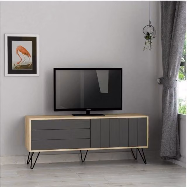 Mobile porta TV Piccadilly con due ante a ribalta, colore rovere antracite, L: 139 cm, P: 36 cm, H: 57 cm