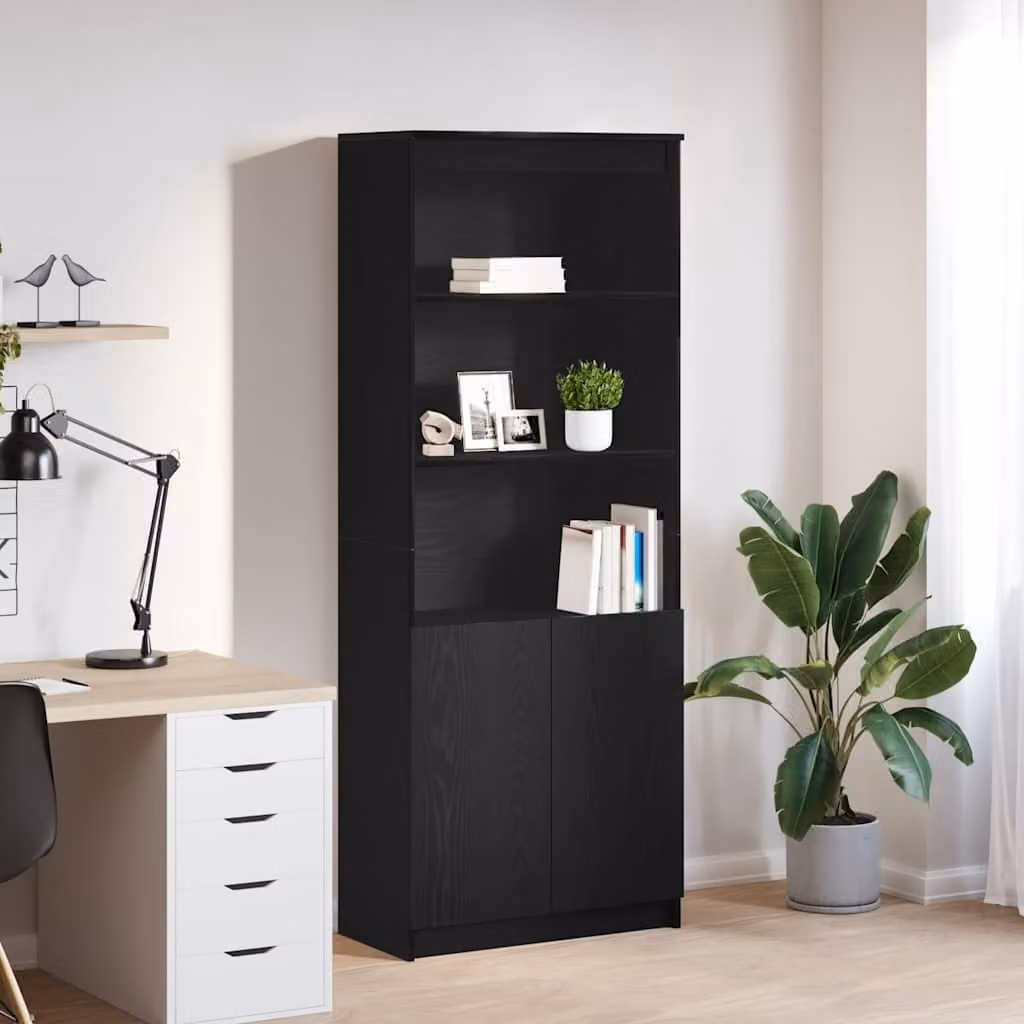 Credenza a parete moderna vidaXL in legno rovere nero con ante a battente e ripiani interni L: 70 cm, P: 35 cm, H: 180 cm