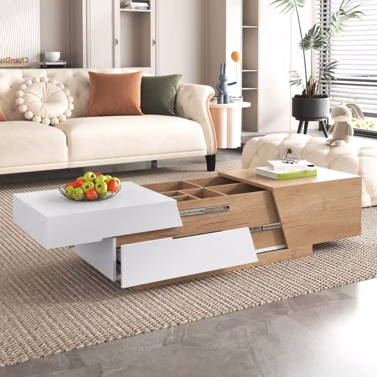 okwish Tavolo da conferenza rettangolare, tavolo contenitore, tavolo da soggiorno con contenitore per soggiorno, tavolo contenitore con motivo a blocchi di colore, bianco