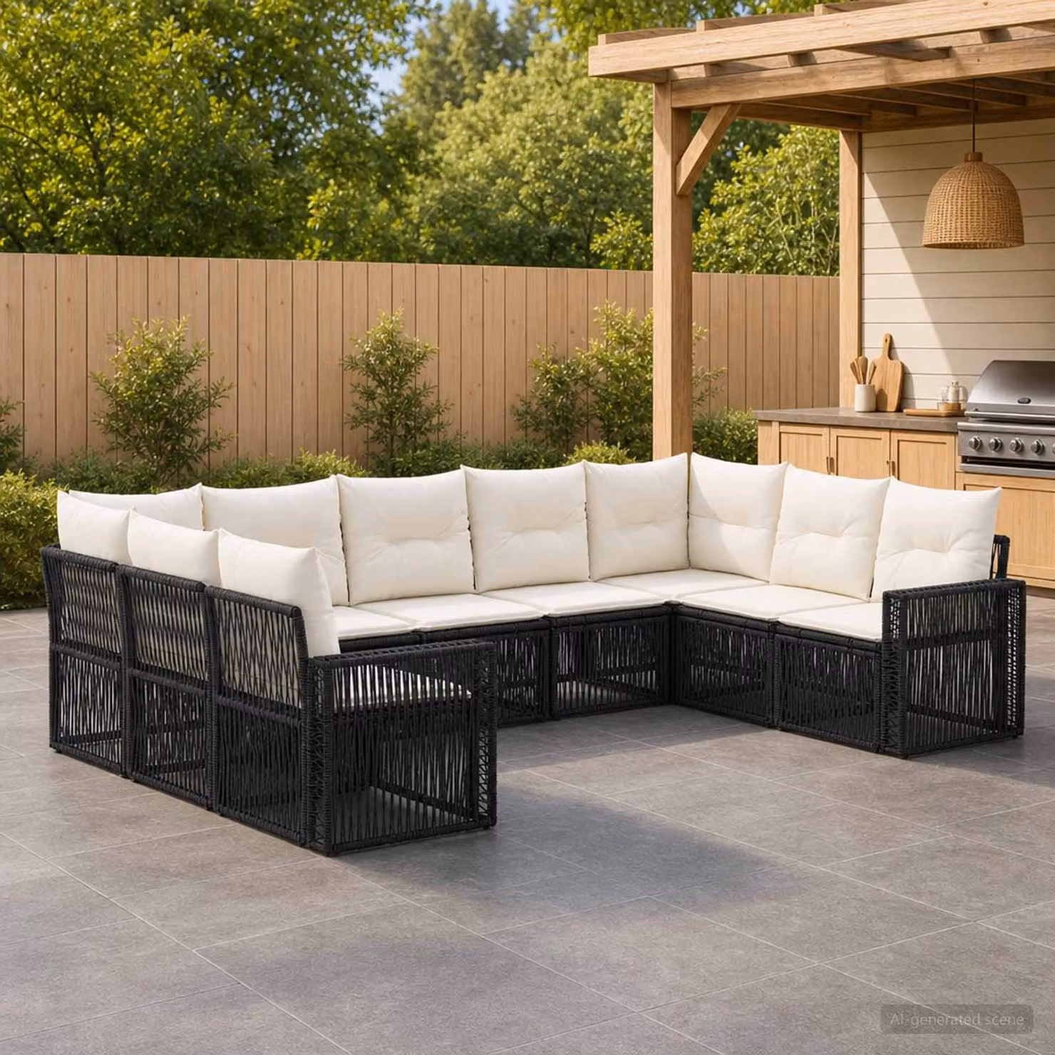 Set Divano da Giardino vidaXL 9 pz a forma a U in Polyrattan con Cuscini Nero e Bianco Crema
