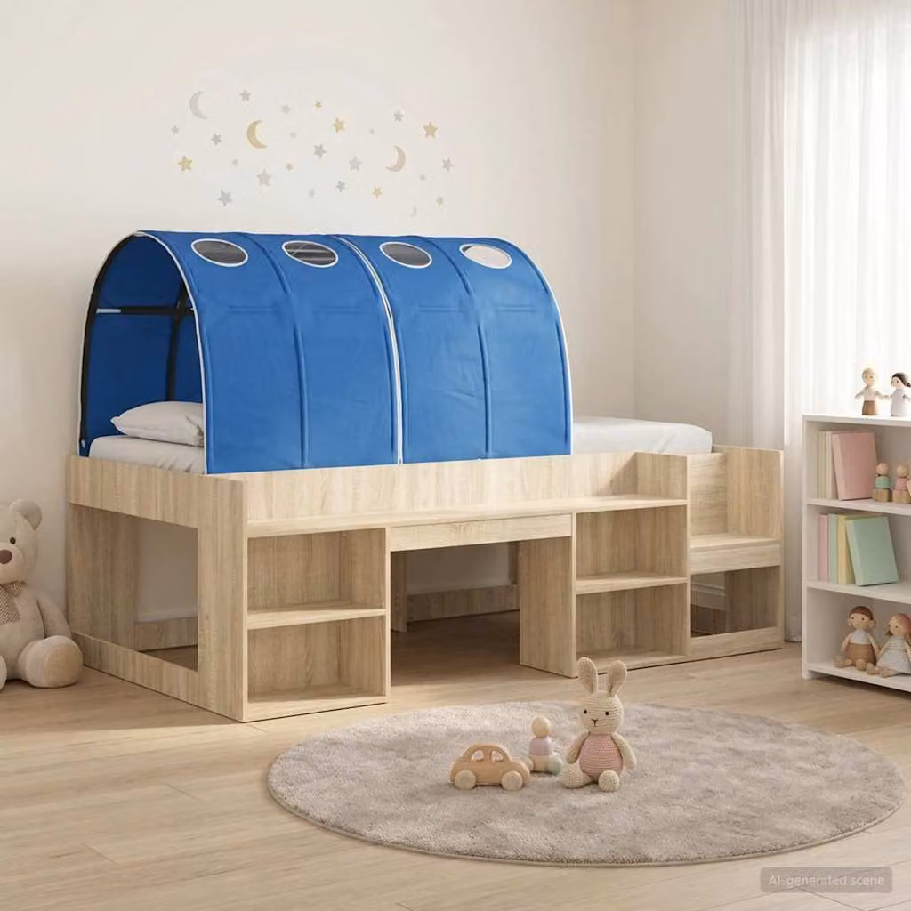 Letto per bambini con tunnel vidaXL in legno ingegnerizzato, Rovere e Blu, L/P/H: 200 x 100 x 127 cm