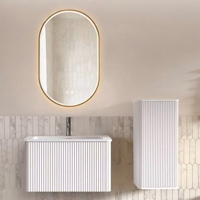 Set mobili da bagno con lavabo e specchio LED ¨C Minimal ¨C Bianco, cornice dorata, 80cm, sospeso