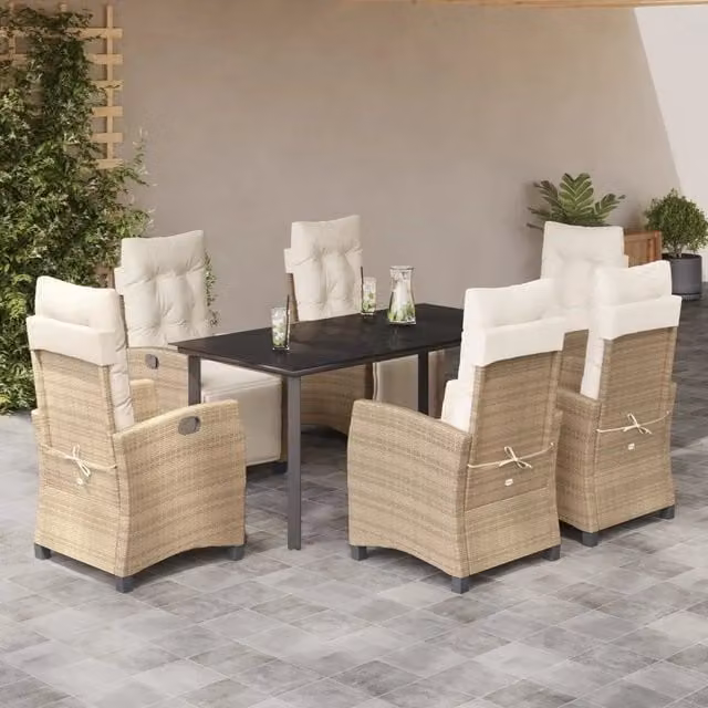Set da pranzo da giardino vidaXL in polyrattan con tavolo in vetro e 7 pezzi con cuscini beige
