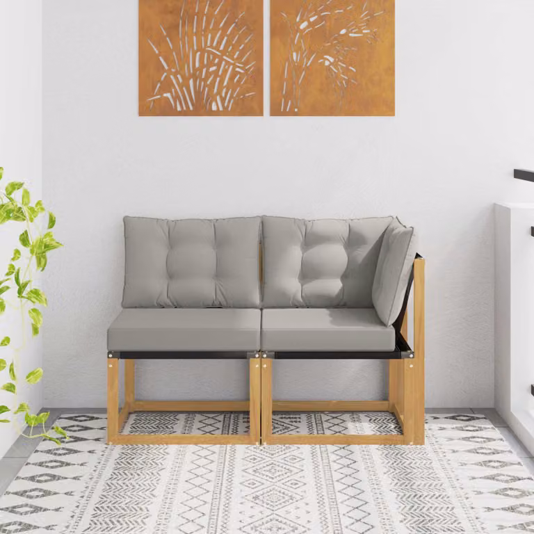 Set di 2 divani modulari da esterno vidaXL con struttura in legno di acacia e cuscini in tessuto textilene bianco e grigio per giardino e terrazzo