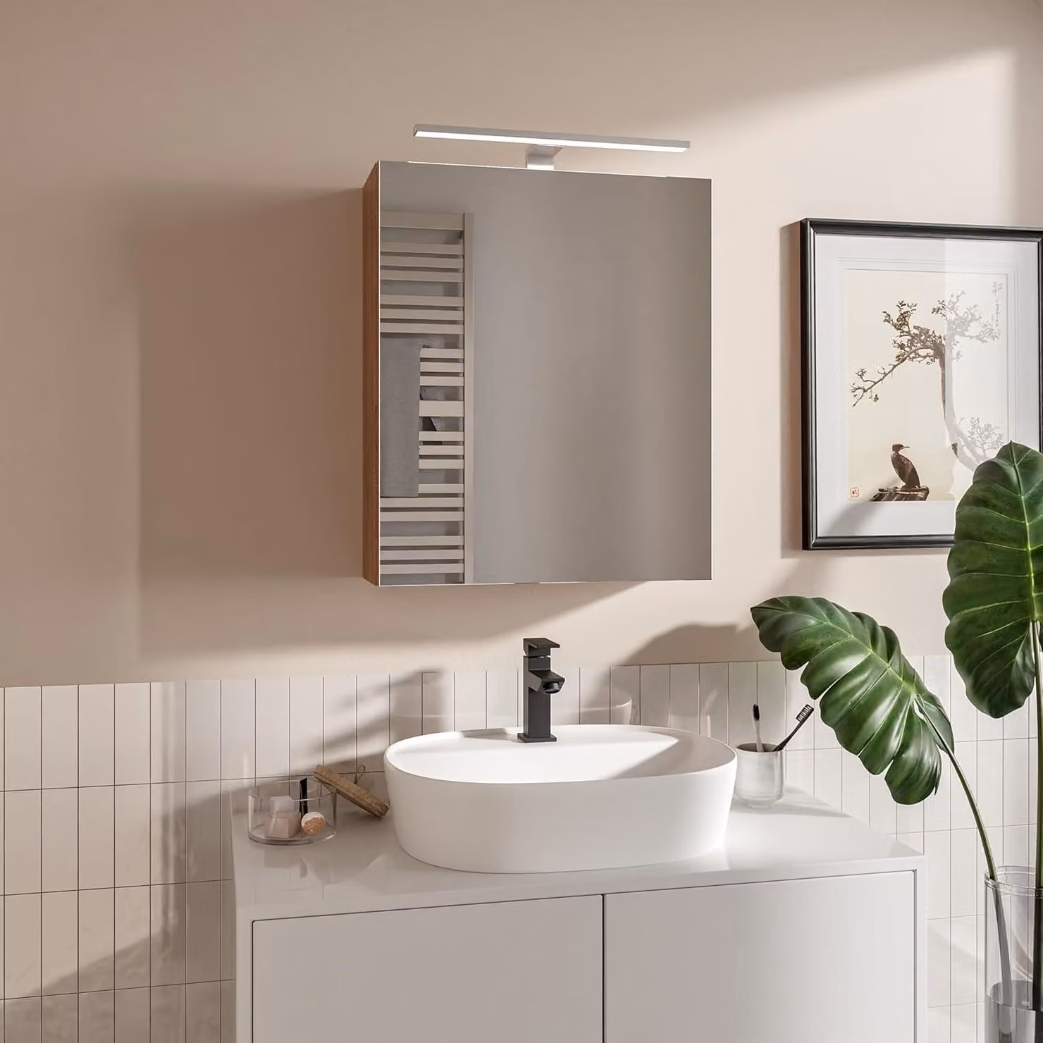 HAJDUK FURNITURE Armadietto da Bagno con Specchio LED 50x60 cm Sonoma Opaco - Mobile Pensile 3 Ripiani IP44 4000K